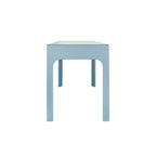 Curved Front Desk with Three Drawers in Light Blue Textured Linen with Satin Brass Ring Hardware and Glass Top