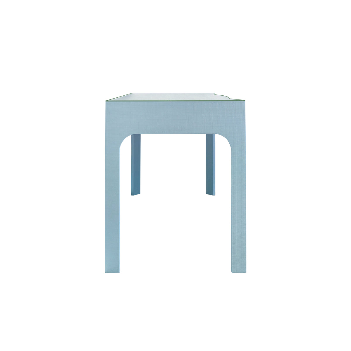 Curved Front Desk with Three Drawers in Light Blue Textured Linen with Satin Brass Ring Hardware and Glass Top