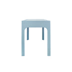 Curved Front Desk with Three Drawers in Light Blue Textured Linen with Satin Brass Ring Hardware and Glass Top