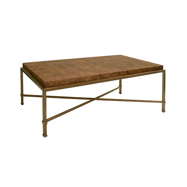 Antique Brass Frame Coffee Table with Thick Top in Burl Wood