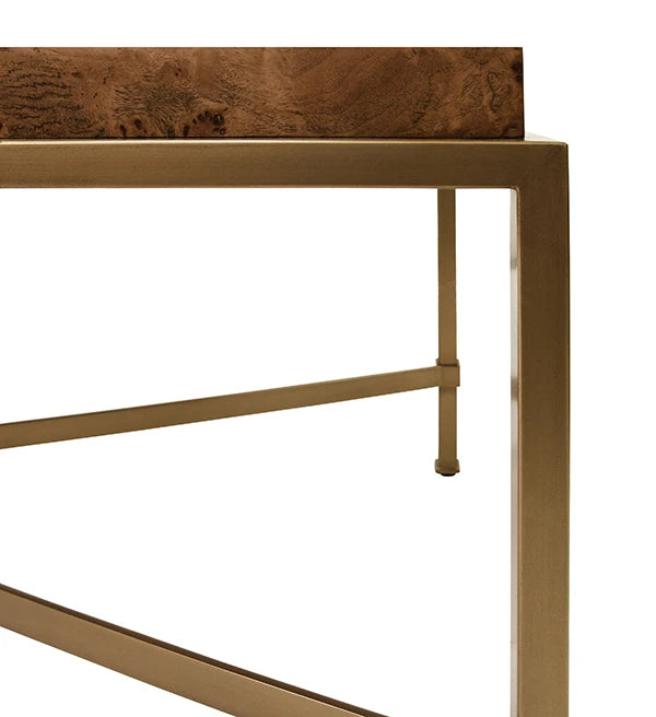 Antique Brass Frame Coffee Table with Thick Top in Burl Wood