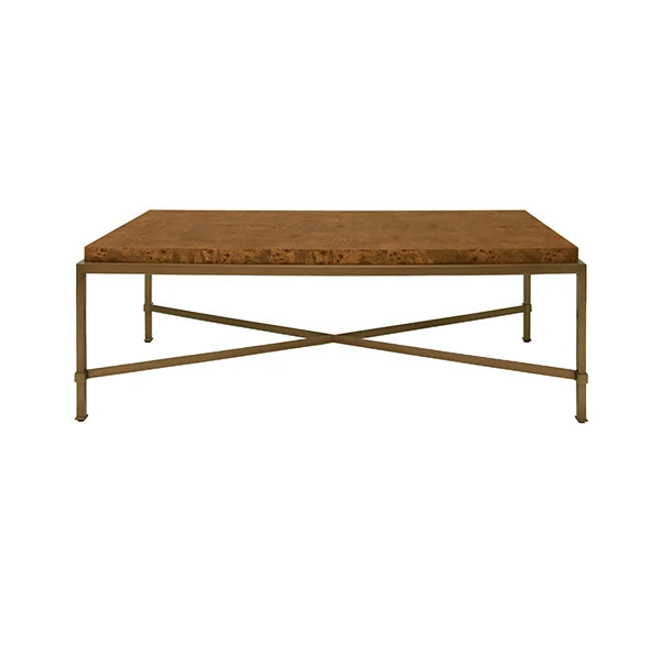 Antique Brass Frame Coffee Table with Thick Top in Burl Wood