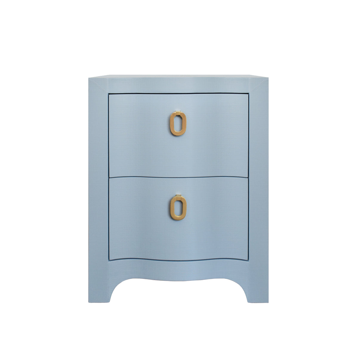 Curved Front Side Table with Two Drawers in Light Blue Textured Linen with Satin Brass Ring Hardware