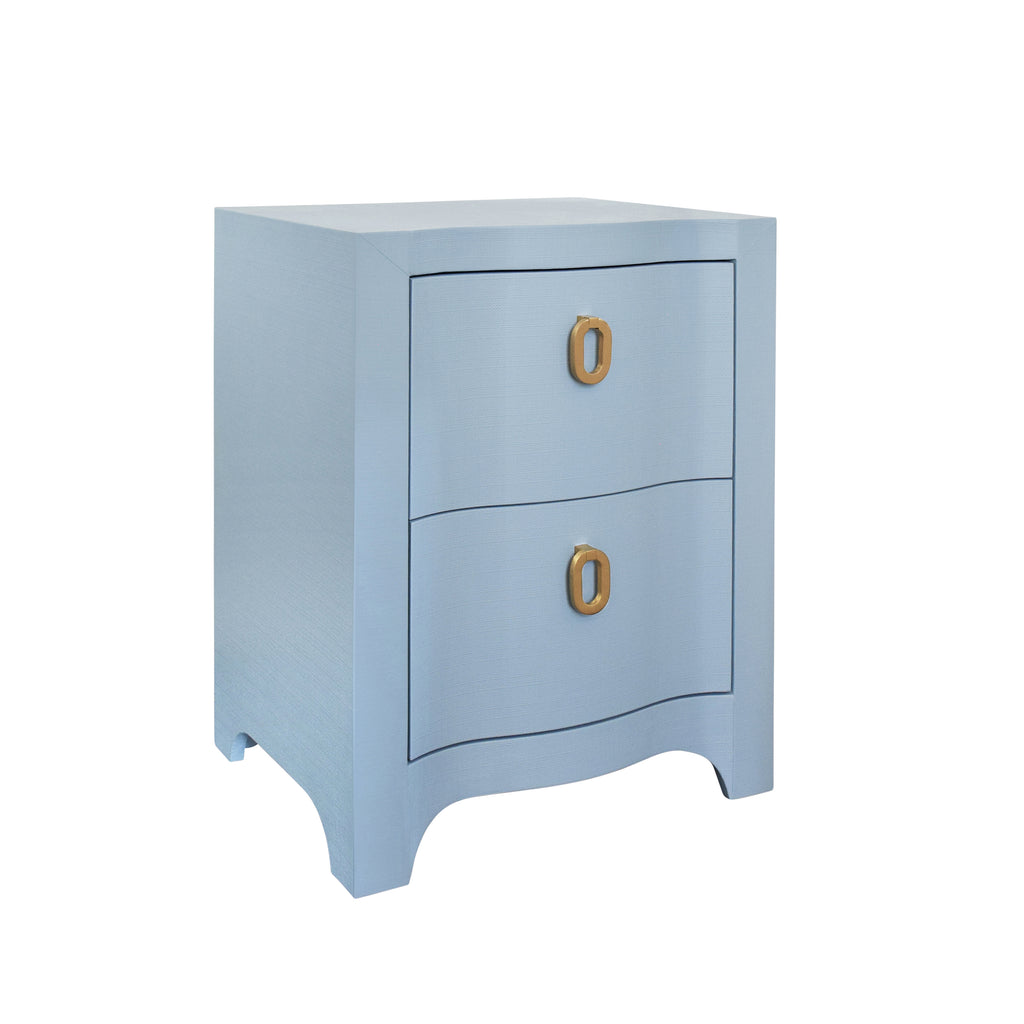 Curved Front Side Table with Two Drawers in Light Blue Textured Linen with Satin Brass Ring Hardware