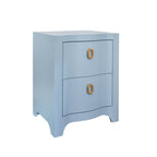 Curved Front Side Table with Two Drawers in Light Blue Textured Linen with Satin Brass Ring Hardware
