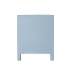 Curved Front Side Table with Two Drawers in Light Blue Textured Linen with Satin Brass Ring Hardware