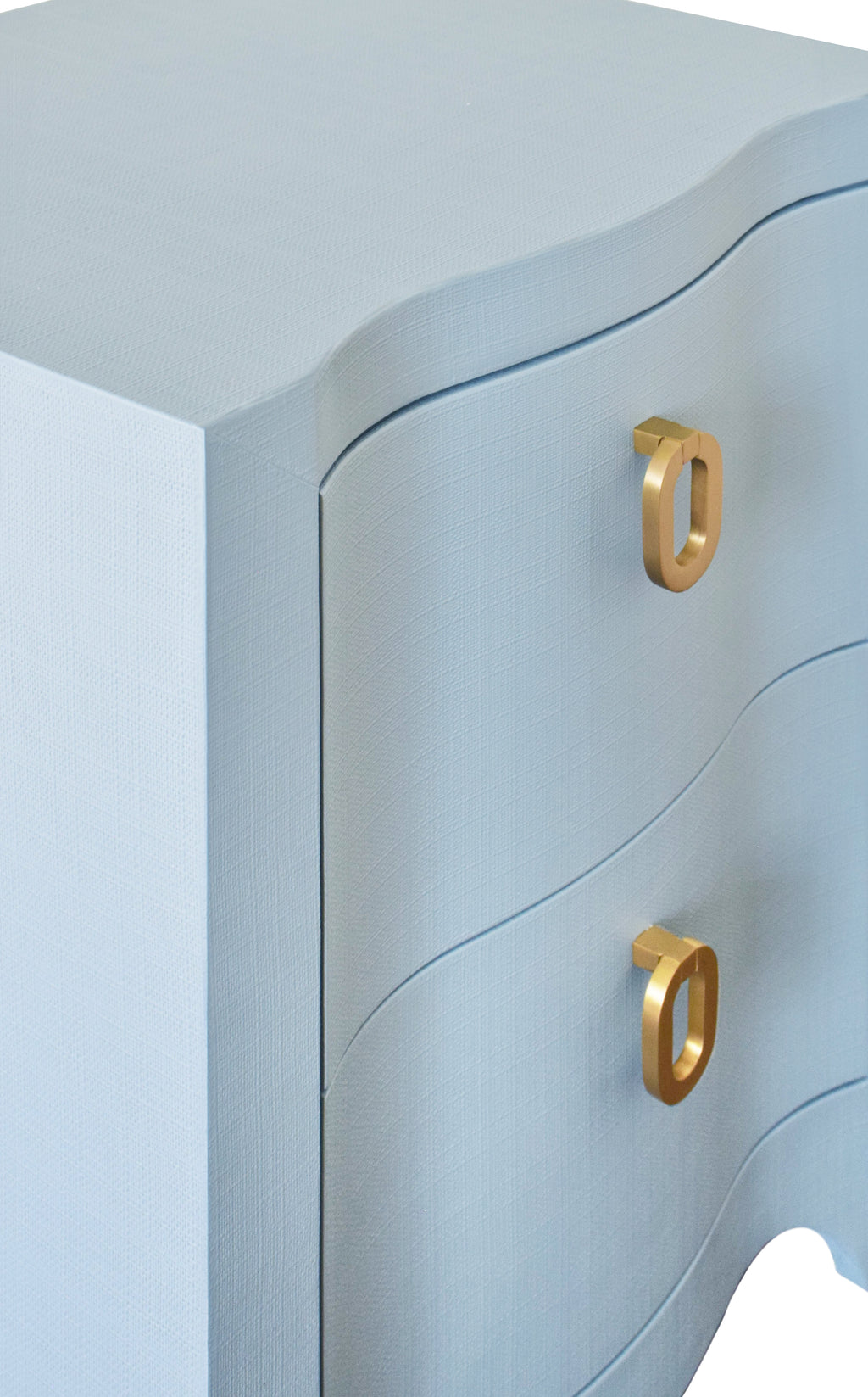 Curved Front Side Table with Two Drawers in Light Blue Textured Linen with Satin Brass Ring Hardware