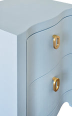 Curved Front Side Table with Two Drawers in Light Blue Textured Linen with Satin Brass Ring Hardware
