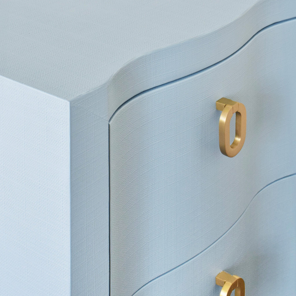 Curved Front Side Table with Two Drawers in Light Blue Textured Linen with Satin Brass Ring Hardware
