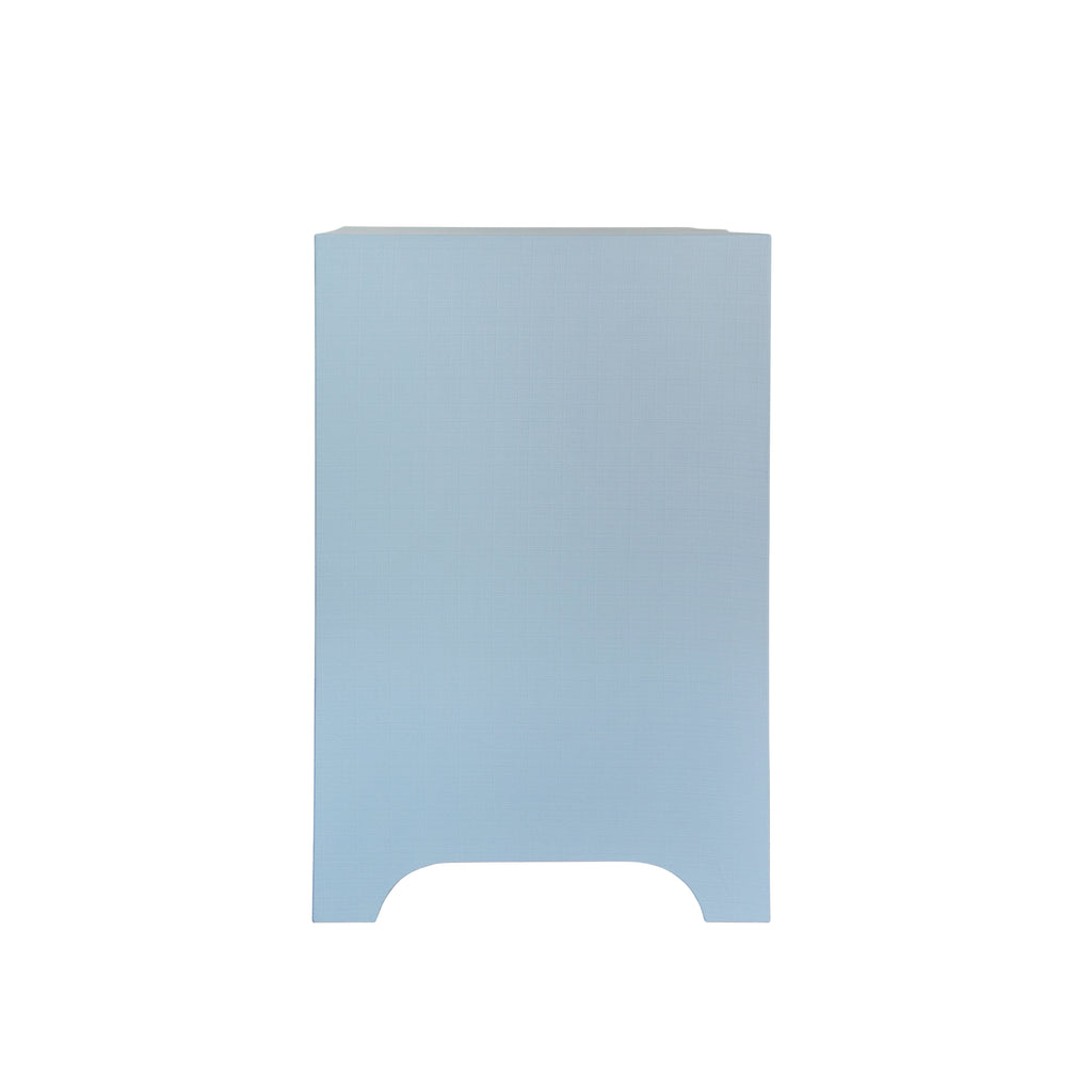 Curved Front Side Table with Two Drawers in Light Blue Textured Linen with Satin Brass Ring Hardware