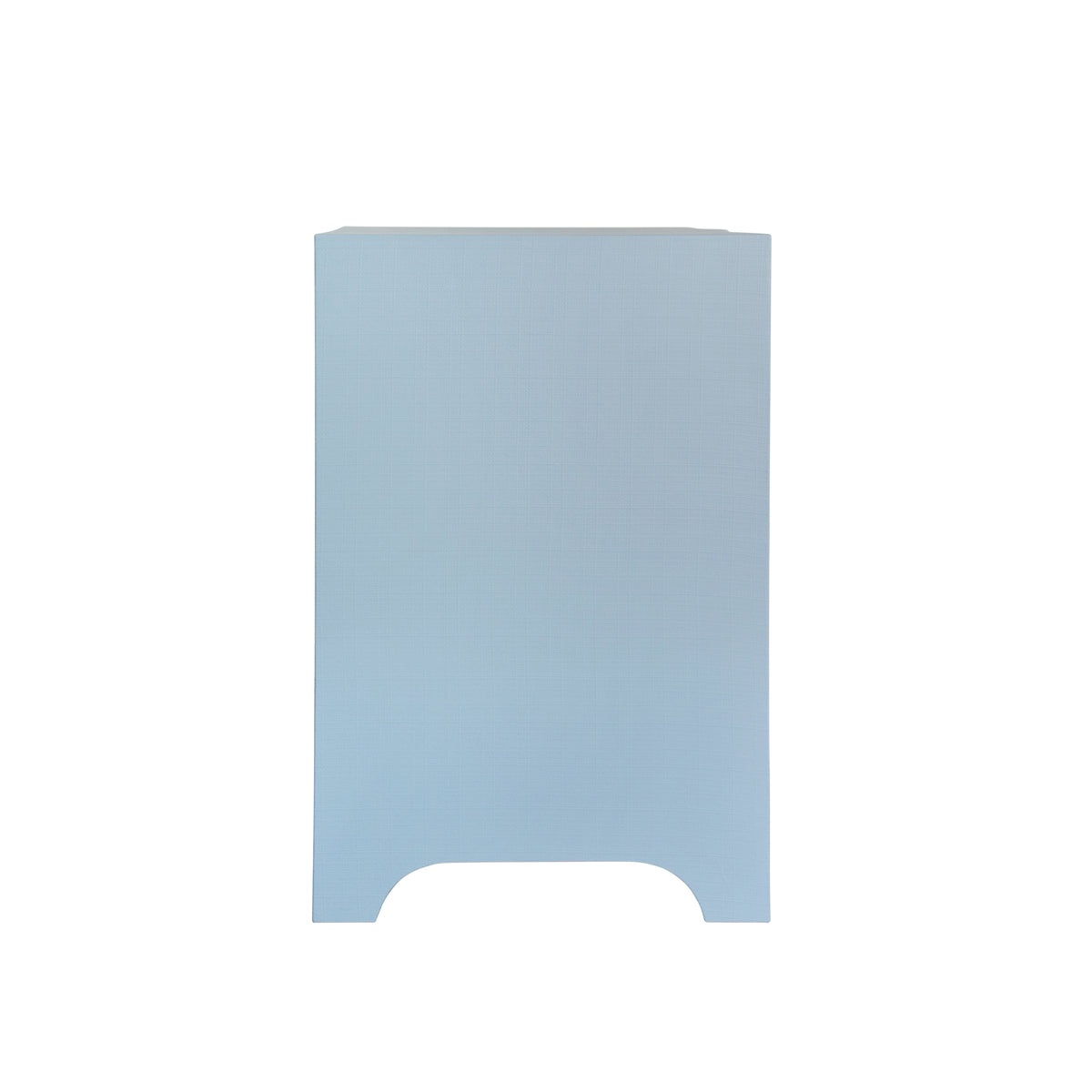 Curved Front Side Table with Two Drawers in Light Blue Textured Linen with Satin Brass Ring Hardware