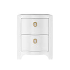 Curved Front Side Table with Two Drawers in White Textured Linen with Satin Brass Ring Hardware