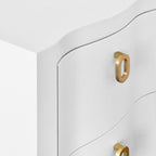 Curved Front Side Table with Two Drawers in White Textured Linen with Satin Brass Ring Hardware