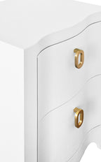 Curved Front Side Table with Two Drawers in White Textured Linen with Satin Brass Ring Hardware