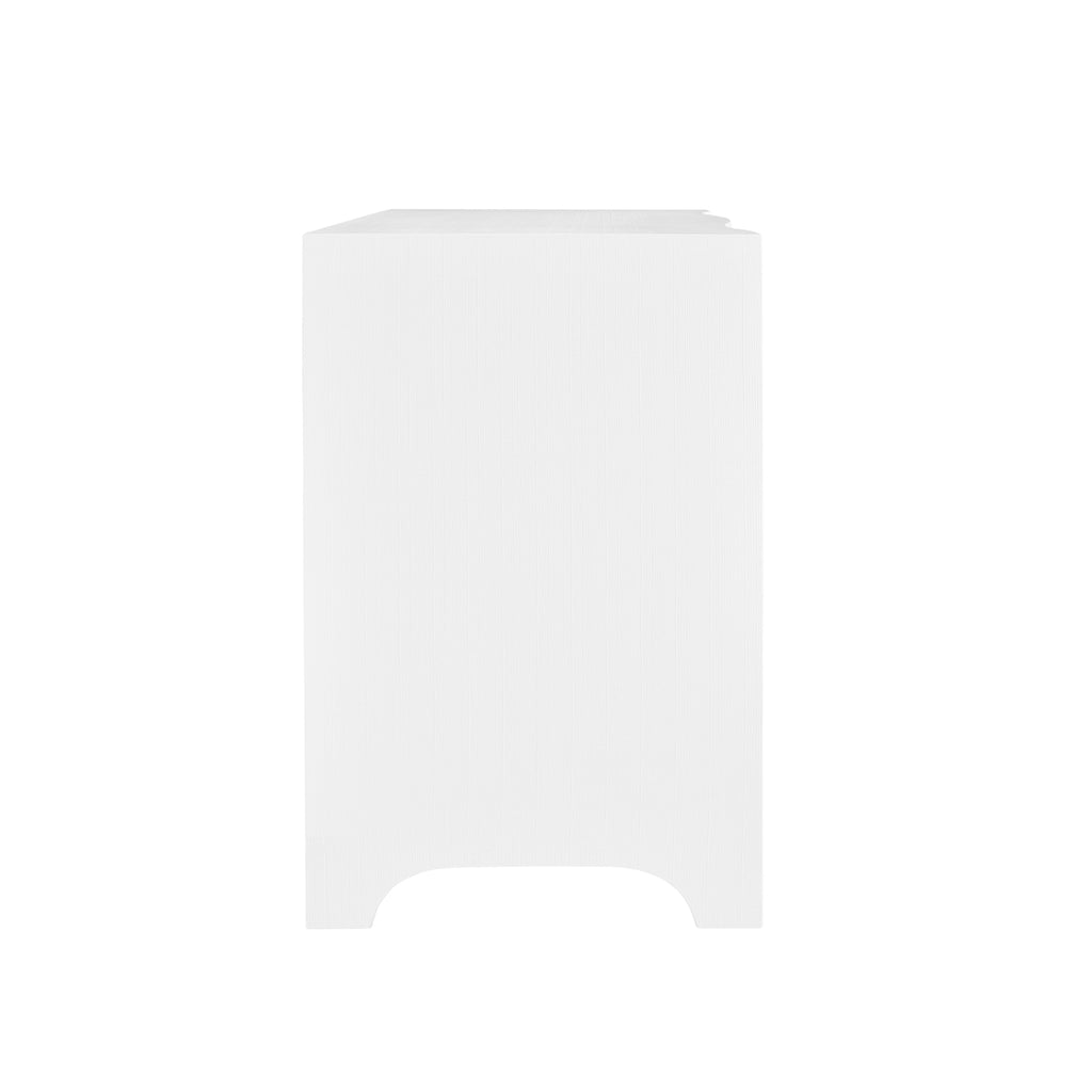 Curved Front Side Table with Two Drawers in White Textured Linen with Satin Brass Ring Hardware