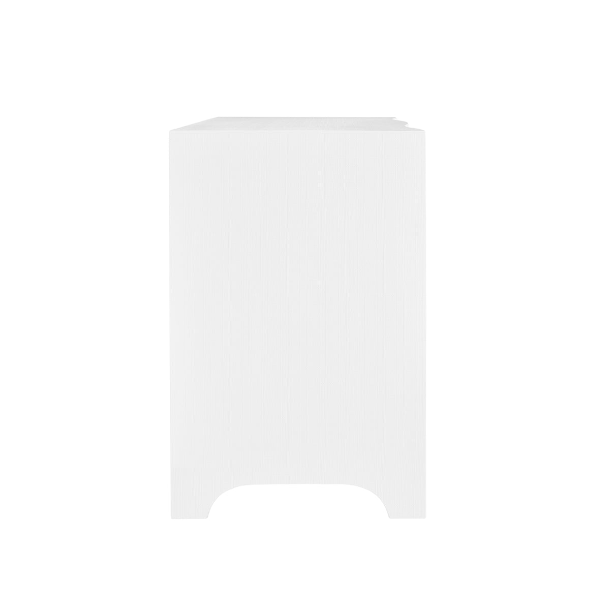 Curved Front Side Table with Two Drawers in White Textured Linen with Satin Brass Ring Hardware