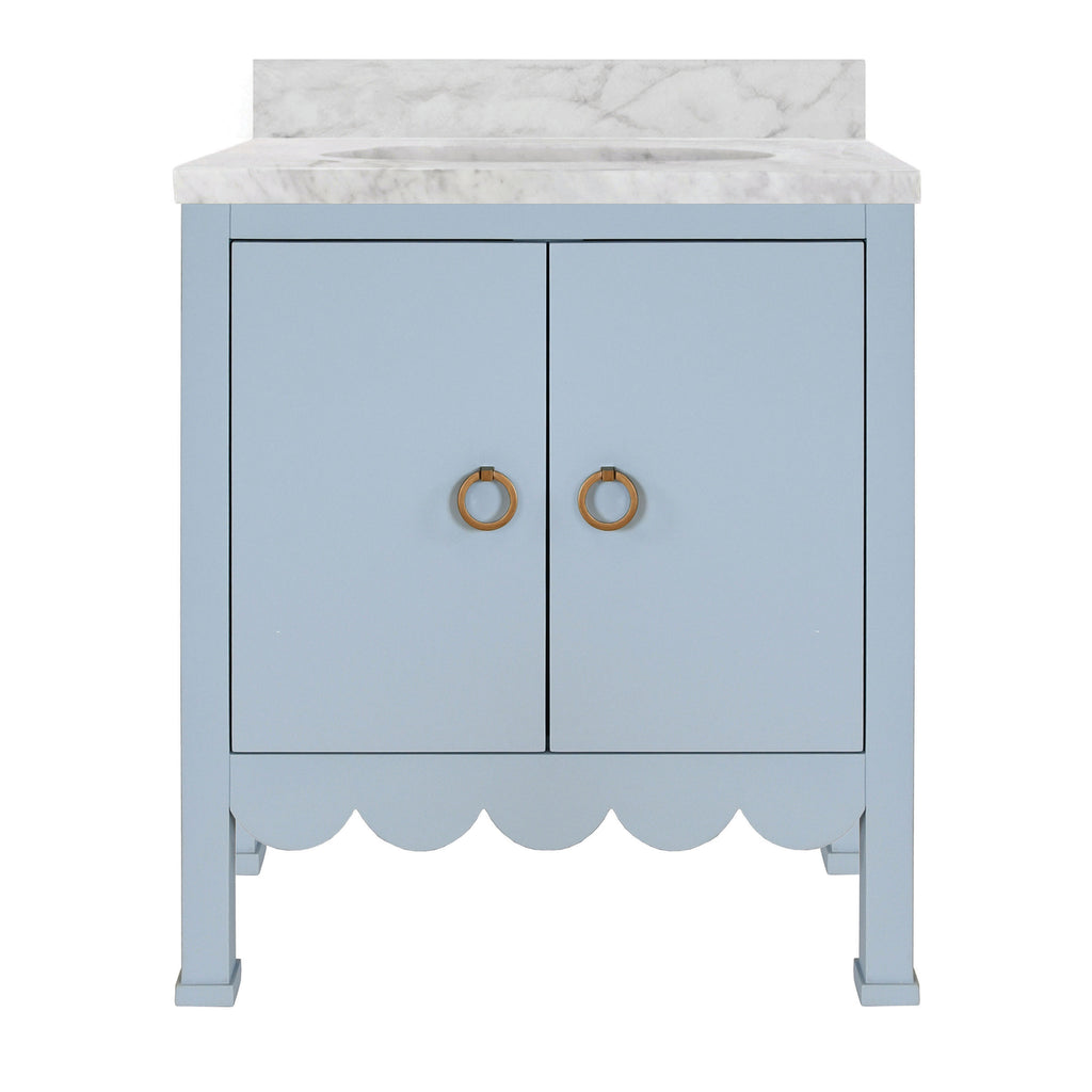 Bath Vanity with Scallop Detail in Matte Light Blue with White Marble Top and Porcelain Sink