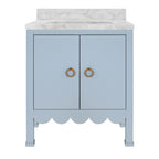 Bath Vanity with Scallop Detail in Matte Light Blue with White Marble Top and Porcelain Sink