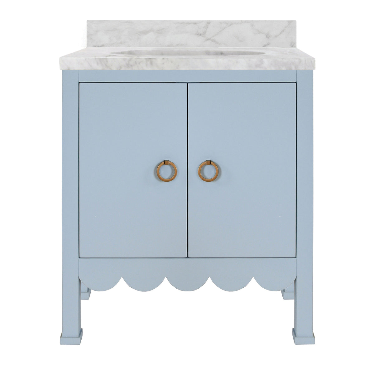 Bath Vanity with Scallop Detail in Matte Light Blue with White Marble Top and Porcelain Sink