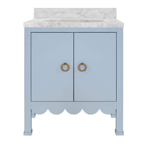 Bath Vanity with Scallop Detail in Matte Light Blue with White Marble Top and Porcelain Sink