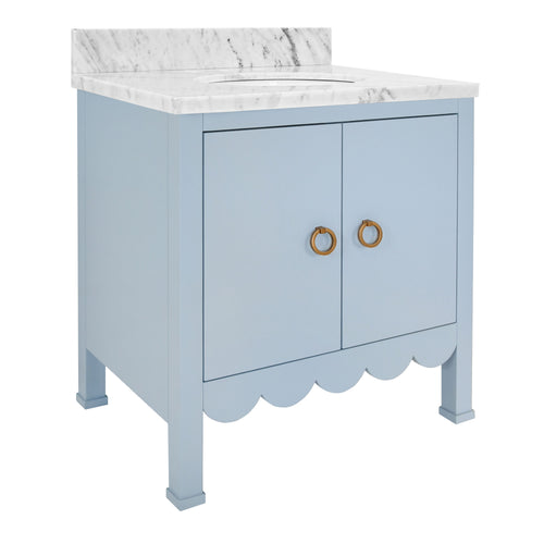 Bath Vanity with Scallop Detail in Matte Light Blue with White Marble Top and Porcelain Sink