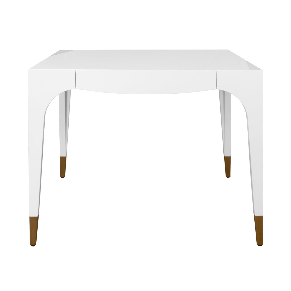 Square Tapered Leg Two Drawer Game Table with Antique Brass Foot Caps in White Lacquer