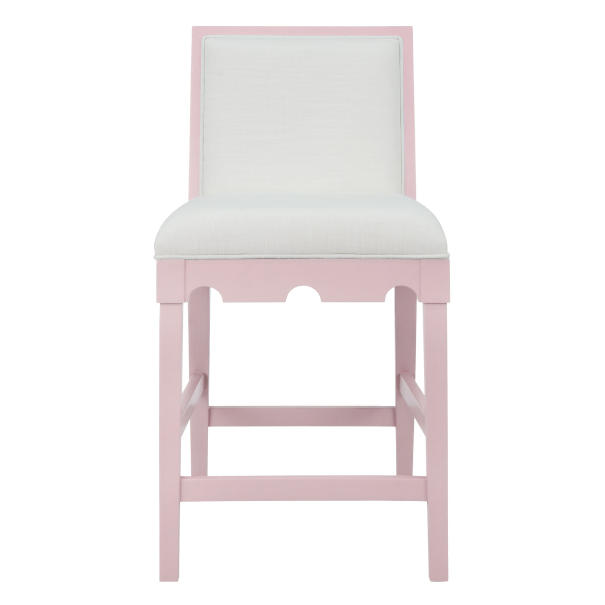 Square Back Counter Stool with Decorative Apron in Matte Pink Lacquer with Performance White Linen Upholstery