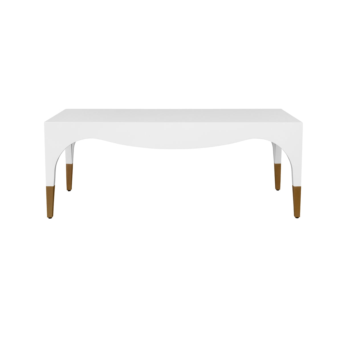 Tapered Leg Coffee Table with Antique Brass Foot Caps in White Lacquer