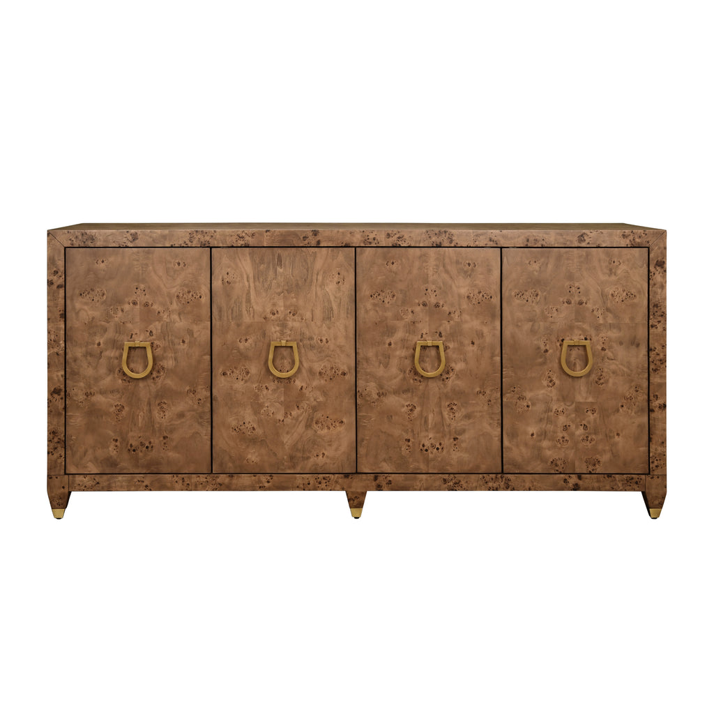 Four Door Buffet with Satin Brass Horsebit Inspired Hardware and Foot Caps in Dark Burl Wood