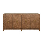Four Door Buffet with Satin Brass Horsebit Inspired Hardware and Foot Caps in Dark Burl Wood