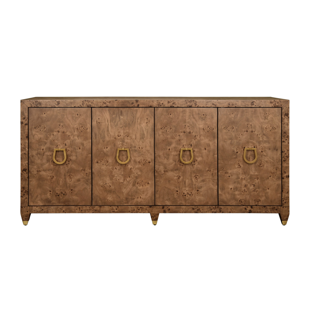 Four Door Buffet with Satin Brass Horsebit Inspired Hardware and Foot Caps in Dark Burl Wood