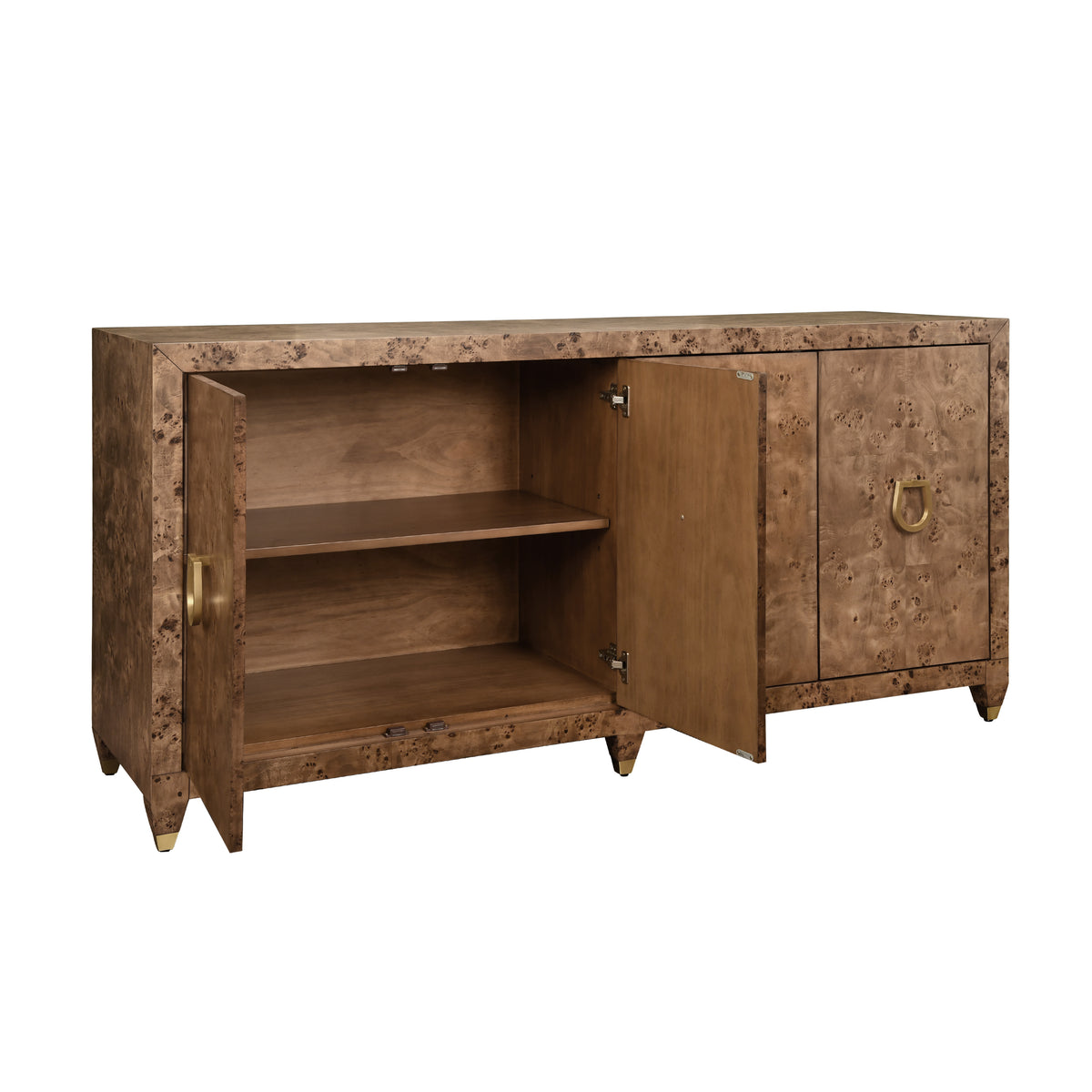 Four Door Buffet with Satin Brass Horsebit Inspired Hardware and Foot Caps in Dark Burl Wood
