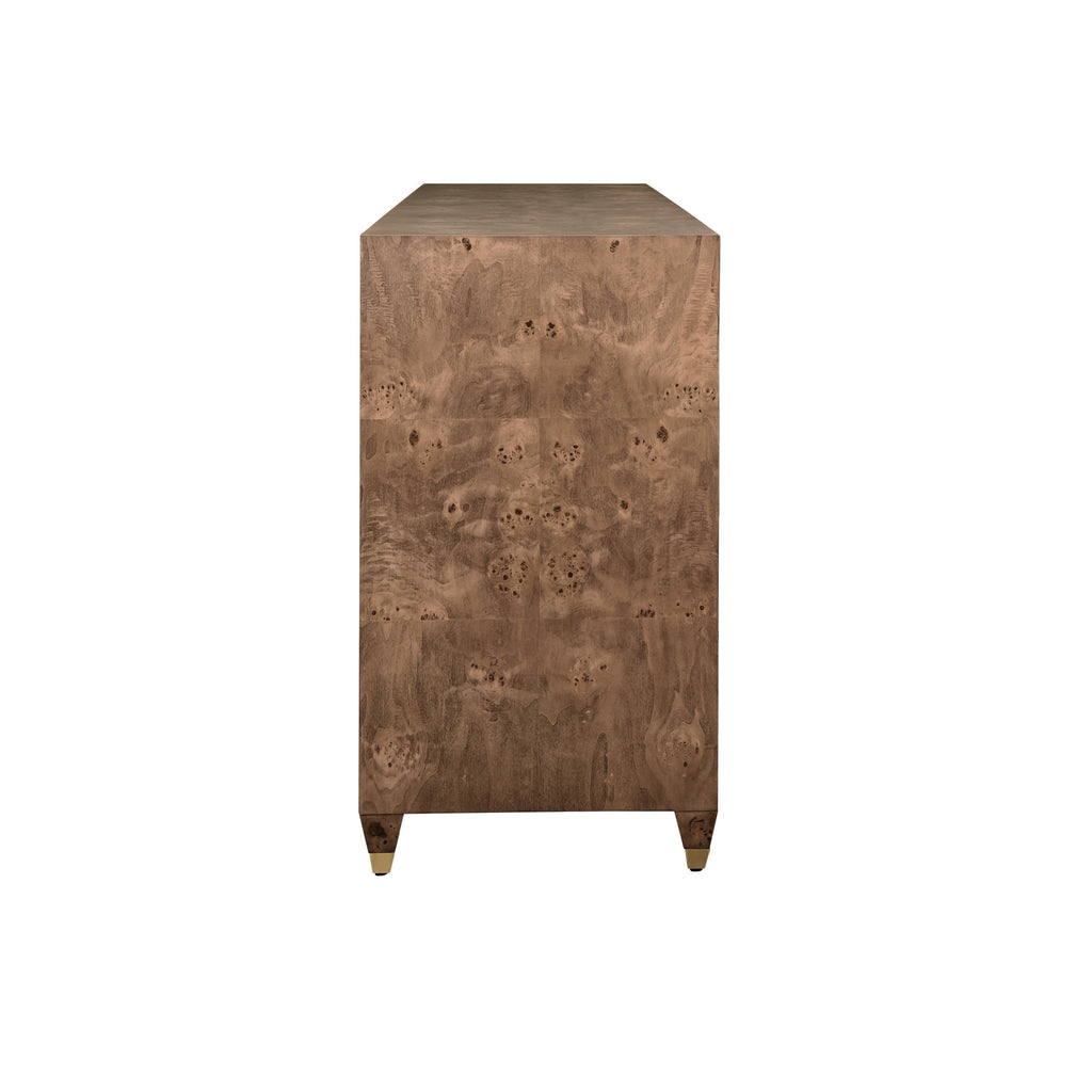 Four Door Buffet with Satin Brass Horsebit Inspired Hardware and Foot Caps in Dark Burl Wood