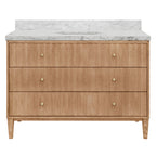 Bath Vanity with Vertical Fluted Detail on Drawers in Cerused Oak with White Marble Top, Porcelain Sink, and Polished Brass Knobs, 48" Wide