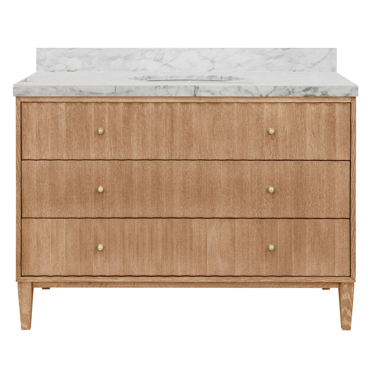 Bath Vanity with Vertical Fluted Detail on Drawers in Cerused Oak with White Marble Top, Porcelain Sink, and Polished Brass Knobs, 48" Wide