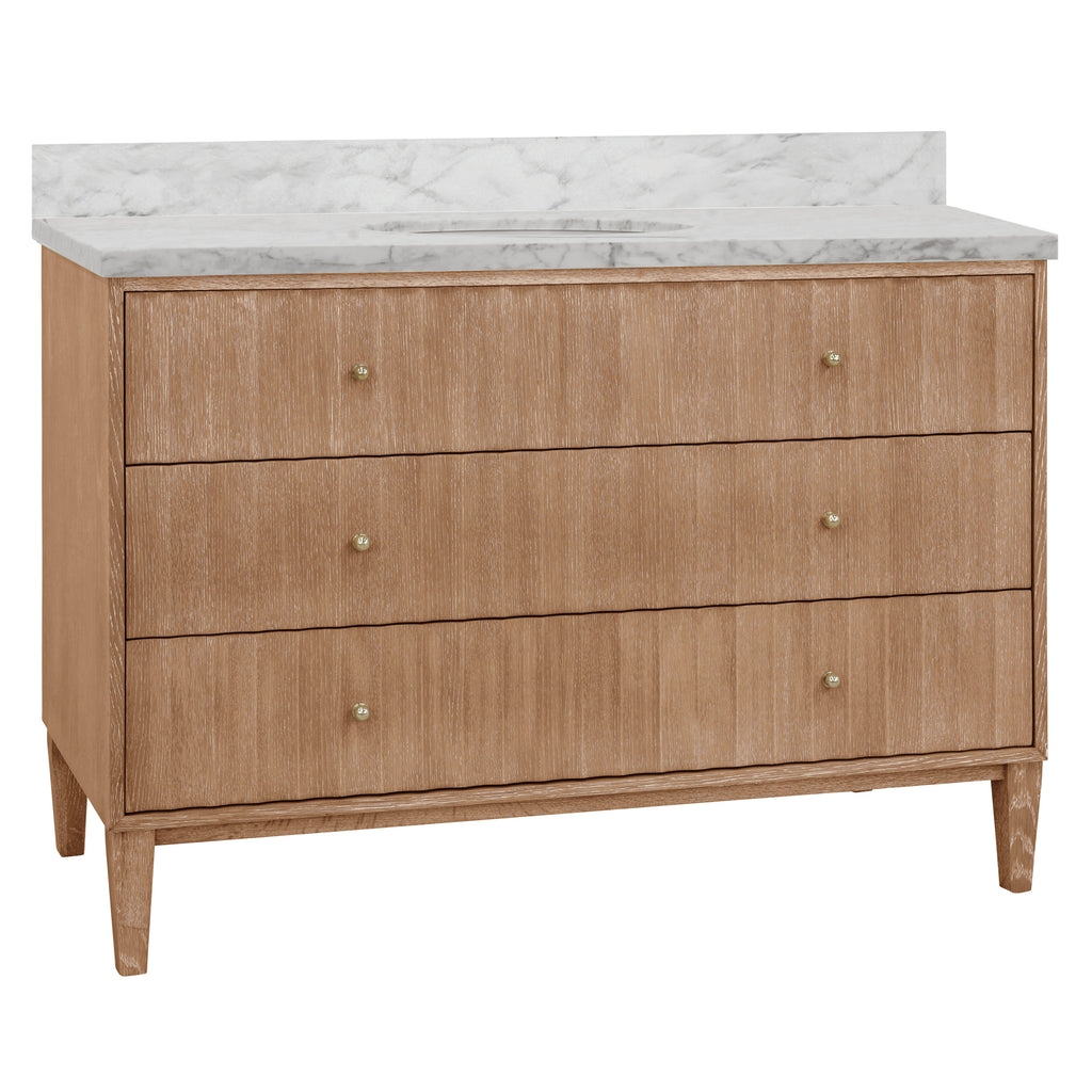 Bath Vanity with Vertical Fluted Detail on Drawers in Cerused Oak with White Marble Top, Porcelain Sink, and Polished Brass Knobs, 48" Wide