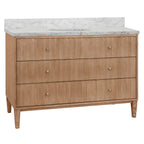 Bath Vanity with Vertical Fluted Detail on Drawers in Cerused Oak with White Marble Top, Porcelain Sink, and Polished Brass Knobs, 48" Wide