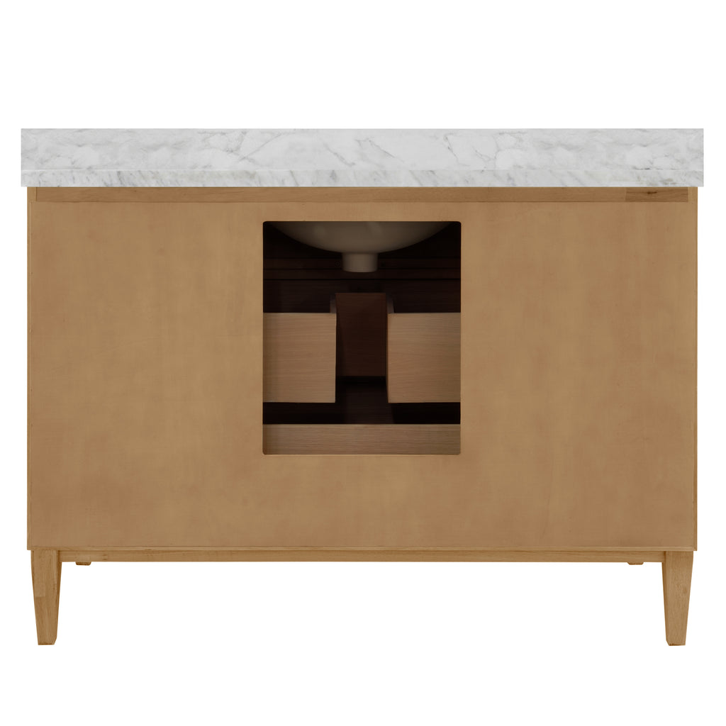 Bath Vanity with Vertical Fluted Detail on Drawers in Cerused Oak with White Marble Top, Porcelain Sink, and Polished Brass Knobs, 48" Wide