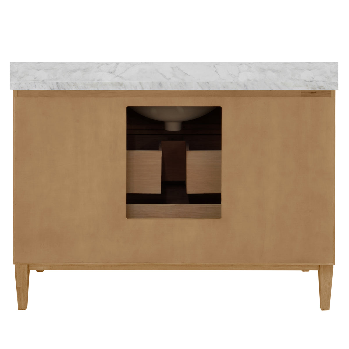 Bath Vanity with Vertical Fluted Detail on Drawers in Cerused Oak with White Marble Top, Porcelain Sink, and Polished Brass Knobs, 48" Wide