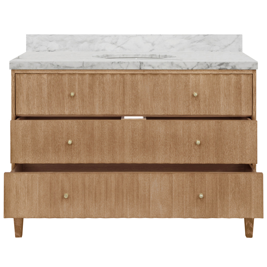 Bath Vanity with Vertical Fluted Detail on Drawers in Cerused Oak with White Marble Top, Porcelain Sink, and Polished Brass Knobs, 48" Wide