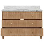 Bath Vanity with Vertical Fluted Detail on Drawers in Cerused Oak with White Marble Top, Porcelain Sink, and Polished Brass Knobs, 48" Wide