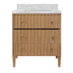 Bath Vanity with Vertical Fluted Detail on Drawers in Cerused Oak with White Marble Top, Porcelain Sink, and Polished Brass Knobs