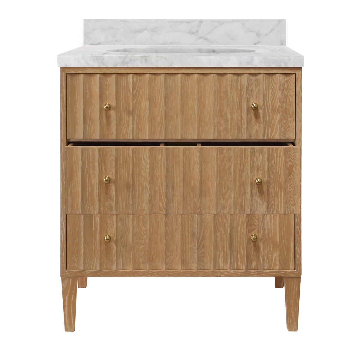 Bath Vanity with Vertical Fluted Detail on Drawers in Cerused Oak with White Marble Top, Porcelain Sink, and Polished Brass Knobs
