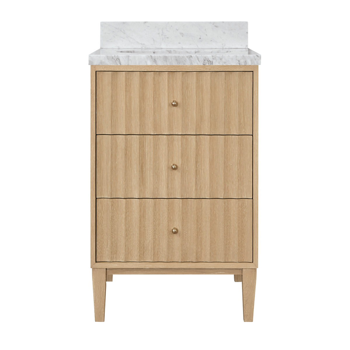 Bath Vanity with Vertical Fluted Detail with Polished Brass Knobs in Cerused Oak