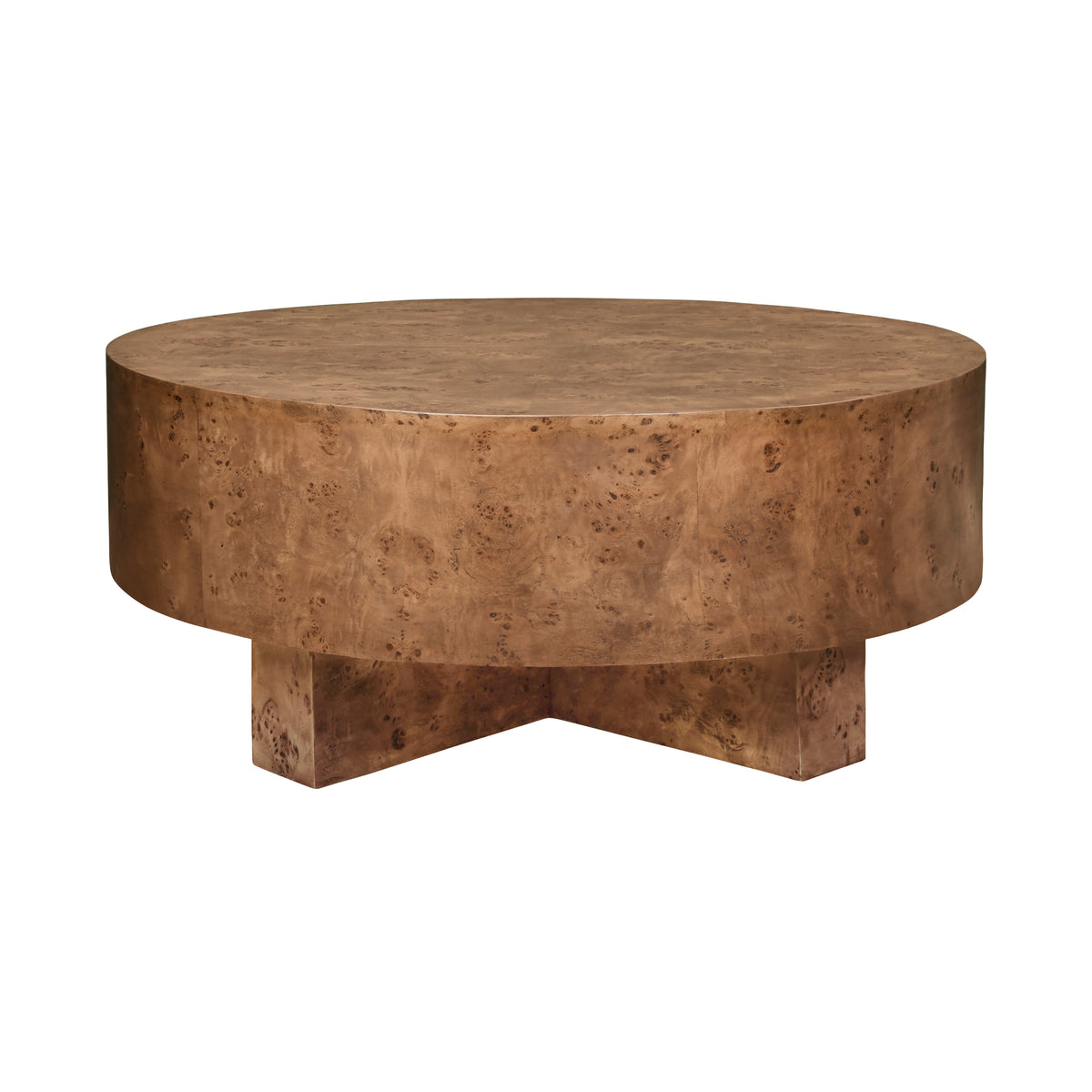 Thick Top Coffee Table with Cross Base in Dark Burl Wood