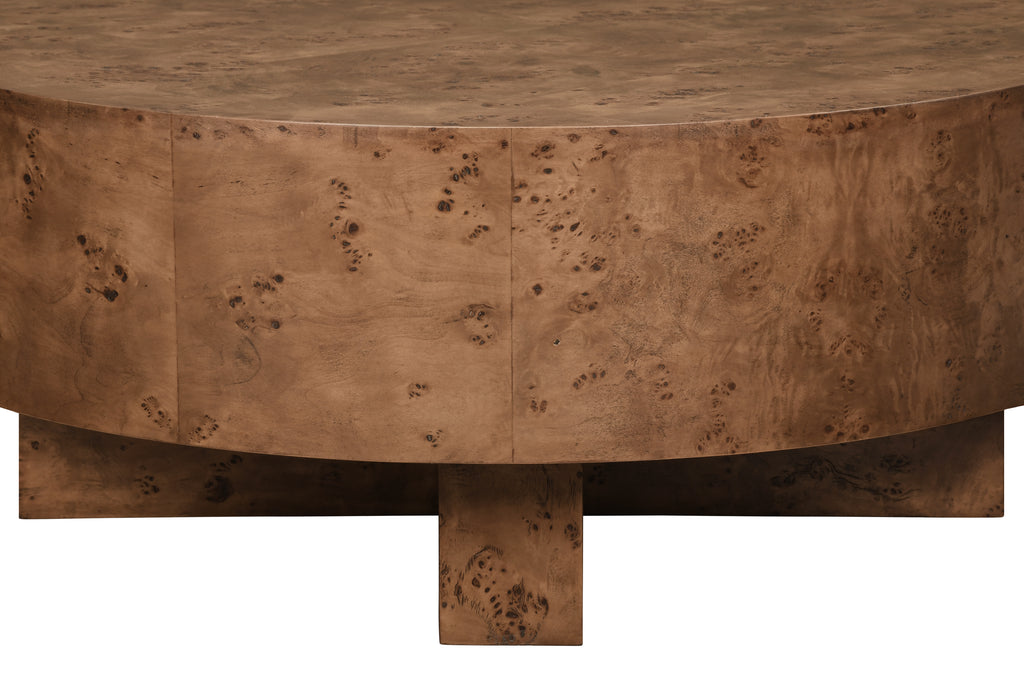 Thick Top Coffee Table with Cross Base in Dark Burl Wood