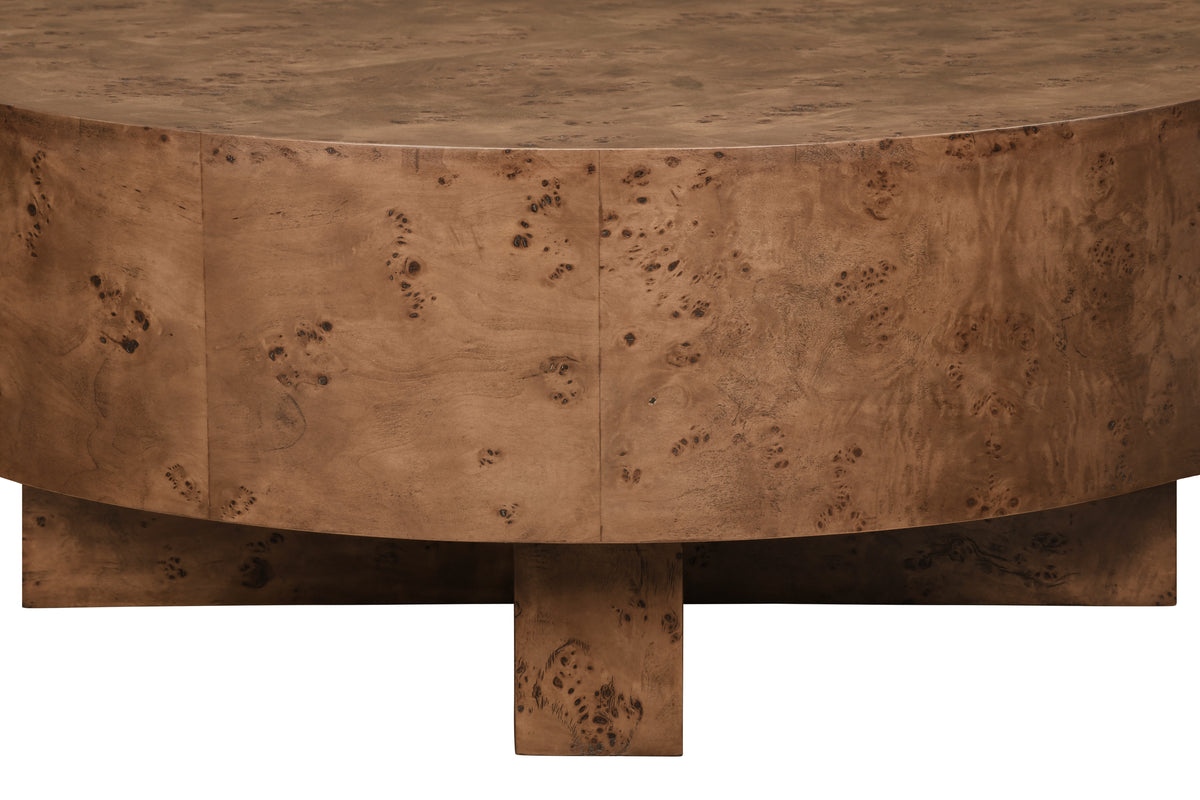 Thick Top Coffee Table with Cross Base in Dark Burl Wood