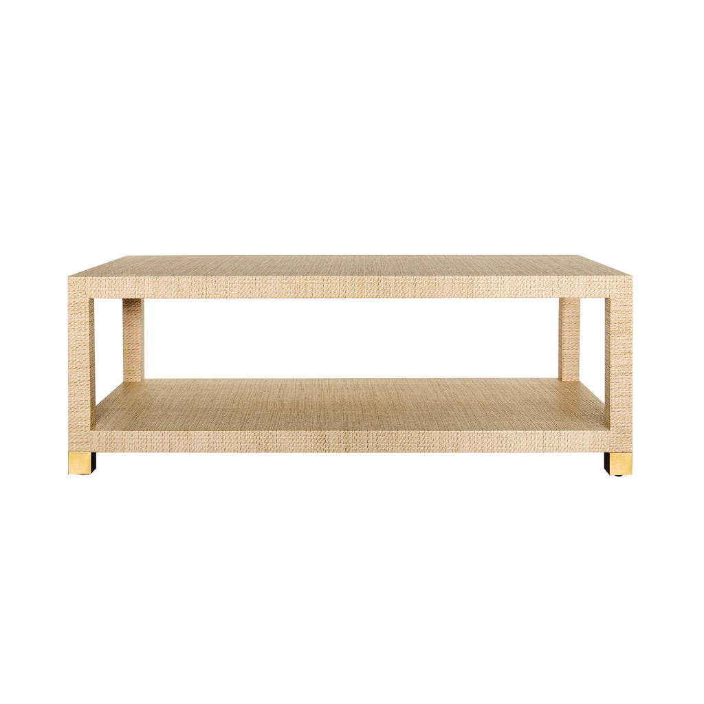Coffee Table with Antique Brass Foot Caps in Natural Grasscloth