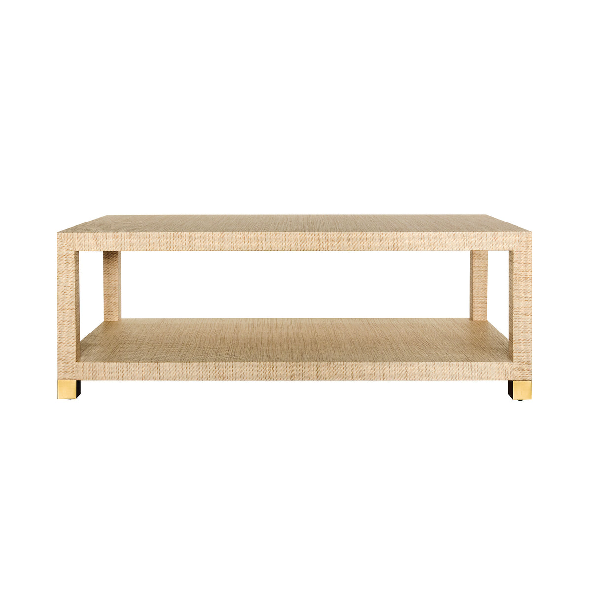 Coffee Table with Antique Brass Foot Caps in Natural Grasscloth
