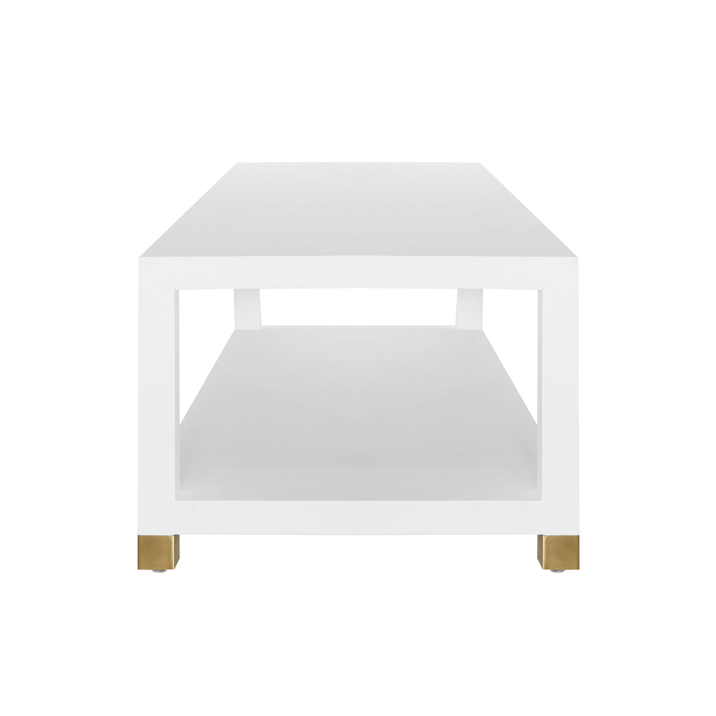 Coffee Table with Antique Brass Foot Caps in Matte White Lacquer